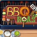 Grill med grøntsager og kødspyd arrangeret som bogstaver der staver BBQ Roast på en grillrist, omgivet af skiver af citron, vegetabilsk olie og krydderier