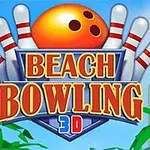 Bowlingkugle og kegler med teksten Beach Bowling 3D i centrum, omgivet af palmer og en bygning i baggrunden