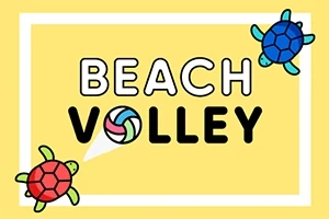 To skildpadder og teksten BEACH VOLLEY med en volleyball illustreret i lyse farver på en gul baggrund