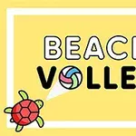 To skildpadder og teksten BEACH VOLLEY med en volleyball illustreret i lyse farver på en gul baggrund
