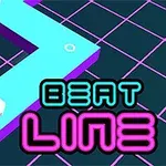 Turkis zigzag-sti med en pil på et mørkternet baggrund og tekst, der siger BEAT LINE