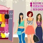 Tre kvinder står ved siden af et åbent klædeskab fyldt med farvestrålende tøj, med teksten Become a Fashion Designer i baggrunden