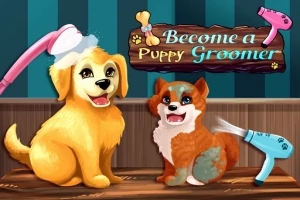 To hundehvalpe sidder på et bord med en hårtørrer og en bruser ved siden af, samt et skilt der siger Become a Puppy Groomer