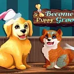 To hundehvalpe sidder på et bord med en hårtørrer og en bruser ved siden af, samt et skilt der siger Become a Puppy Groomer