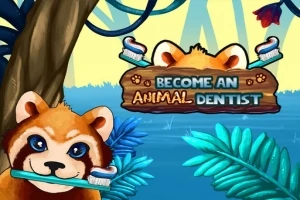 En illustration af en tegneserie-rød panda med en tandbørste i munden, omgivet af farverige jungleplanter med teksten Become an Animal Dentist på et skilt