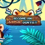 En illustration af en tegneserie-rød panda med en tandbørste i munden, omgivet af farverige jungleplanter med teksten Become an Animal Dentist på et skilt