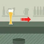Et fyldt ølglas står på en bar med en rød pil pegende til højre og et skilt med 300m