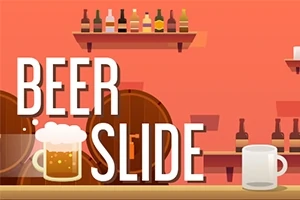 En illustration af en bar med ølglas, hylder med flasker i baggrunden og teksten BEER SLIDE i forgrunden