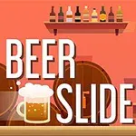 En illustration af en bar med ølglas, hylder med flasker i baggrunden og teksten BEER SLIDE i forgrunden