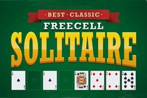 Grøn baggrund med teksten Best Classic Freecell Solitaire og kortspilillustrationer nedenfor