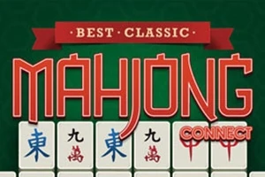 Mahjong-brikker med teksten Best Classic Mahjong Connect i rød skrift på en grøn baggrund