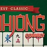 Mahjong-brikker med teksten Best Classic Mahjong Connect i rød skrift på en grøn baggrund