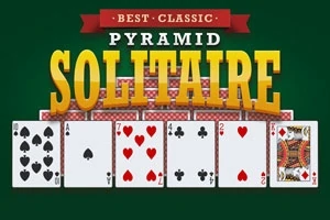 Kortspil-layout med seks spillekort på en grøn baggrund og teksten Best Classic Pyramid Solitaire øverst