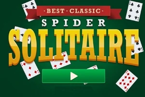 Teksten Best Classic Spider Solitaire vises med spillekort i baggrunden og en grøn play-knap
