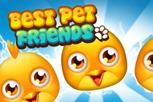 Tre gule, nuttede fugleansigter med store øjne under farverig tekst, der siger Best Pet Friends, på en blå baggrund med stråler