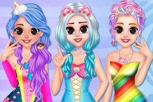 Tre animerede figurer med store øjne og farverige hår iført farverige tøj og tilbehør