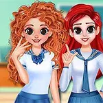 Tre animerede piger står ved siden af hinanden, iført skoleuniformer og smilende, med en uskarp baggrund