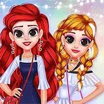 Tre animerede figurer med store øjne, langt hår og moderne tøj poserer foran en farverig, glitrende baggrund