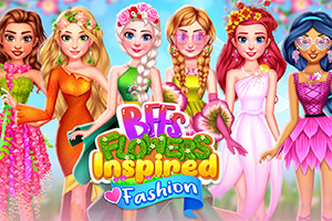 Seks animerede figurer iført farverige blomsterinspirerede kjoler og tilbehør, med ordet BFFs Flowers Inspired Fashion i midten