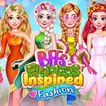 Seks animerede figurer iført farverige blomsterinspirerede kjoler og tilbehør, med ordet BFFs Flowers Inspired Fashion i midten