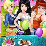 Tre animerede piger står foran et pyntet bord med farverige balloner og desserter i et festligt rum