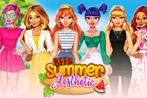 En gruppe af fem animerede figurer i farverigt sommertøj med teksten BFFs Summer Aesthetic og en lille vandmelon skive