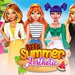 En gruppe af fem animerede figurer i farverigt sommertøj med teksten BFFs Summer Aesthetic og en lille vandmelon skive