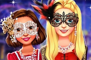 To kvinder i elegante masker og smykker står sammen, baggrund med lilla nuancer