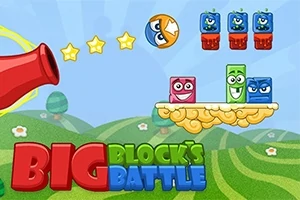 Tegneserie-inspireret billede med blokke i forskellige farver og ansigter, en rød kanon, tre gule stjerner og teksten Big Blocks Battle