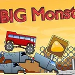 Rød monstertruck kører over forladte biler foran et hegn med en solnedgang i baggrunden og teksten BIG Monsters!
