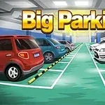 Billede af en parkeringsplads med forskellige biler parkeret i rækker og teksten Big Parking øverst