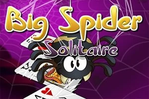 Tegning af en stor edderkop med kort i baggrunden og teksten Big Spider Solitaire på en lilla netbaggrund