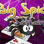 Tegning af en stor edderkop med kort i baggrunden og teksten Big Spider Solitaire på en lilla netbaggrund