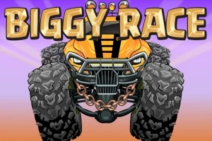 Orange monstertruck med store hjul og et robust gitter foran, med teksten BIGGY RACE øverst