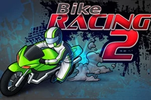Motorcyklist i hvid dragt på en grøn motorcykel med teksten Bike Racing 2 i baggrunden
