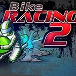 Motorcyklist i hvid dragt på en grøn motorcykel med teksten Bike Racing 2 i baggrunden