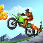 En motorcyklist i orange dragt kører på en grøn motorcykel, mens teksten Bike Racing står til venstre, med et bjerglandskab i baggrunden