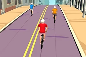 Tre personer cykler op ad en vej i en by med farverige trøjer; en med rød, en med blå og en med orange trøje