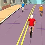 Tre personer cykler op ad en vej i en by med farverige trøjer; en med rød, en med blå og en med orange trøje