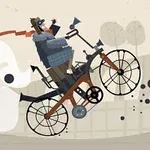 En tegnet figur på en retro cykel med en rød halstørklæde kører gennem et stiliseret landskab