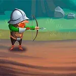 En tegneserieillustration af en bueskytte, der sigter en pil mod en dreng med et æble på hovedet i en skov