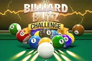 Biljardkugler i forskellige farver og numre ligger spredt på et biljardbord med energiske lysstriber og teksten Billiard Blitz Challenge over dem