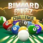 Biljardkugler i forskellige farver og numre ligger spredt på et biljardbord med energiske lysstriber og teksten Billiard Blitz Challenge over dem