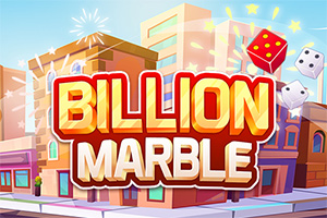 Farverigt bybillede med store bogstaver Billion Marble og flere terninger, der svæver i luften