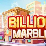 Farverigt bybillede med store bogstaver Billion Marble og flere terninger, der svæver i luften