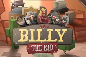 Tegnefilm-motiv med cowboy-figurer og teksten Billy the Kid i forgrunden