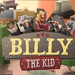 Tegnefilm-motiv med cowboy-figurer og teksten Billy the Kid i forgrunden