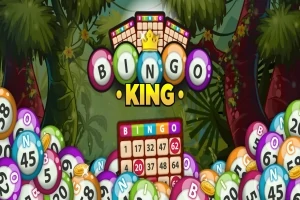 Farverig skovscene med bingo-kugler og kort samt teksten Bingo King på midten