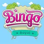 Lyserød tekst med ordet Bingo med en grøn banner under teksten med ordet Royal mod en blå baggrund med skyer og trætoppe