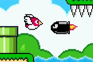 En pixelgrafik viser en lille fugl, der flyver ved siden af en sort projektil med ild i bagkanten, omgivet af skyer, rør, grønne buske og spidse forhindringer